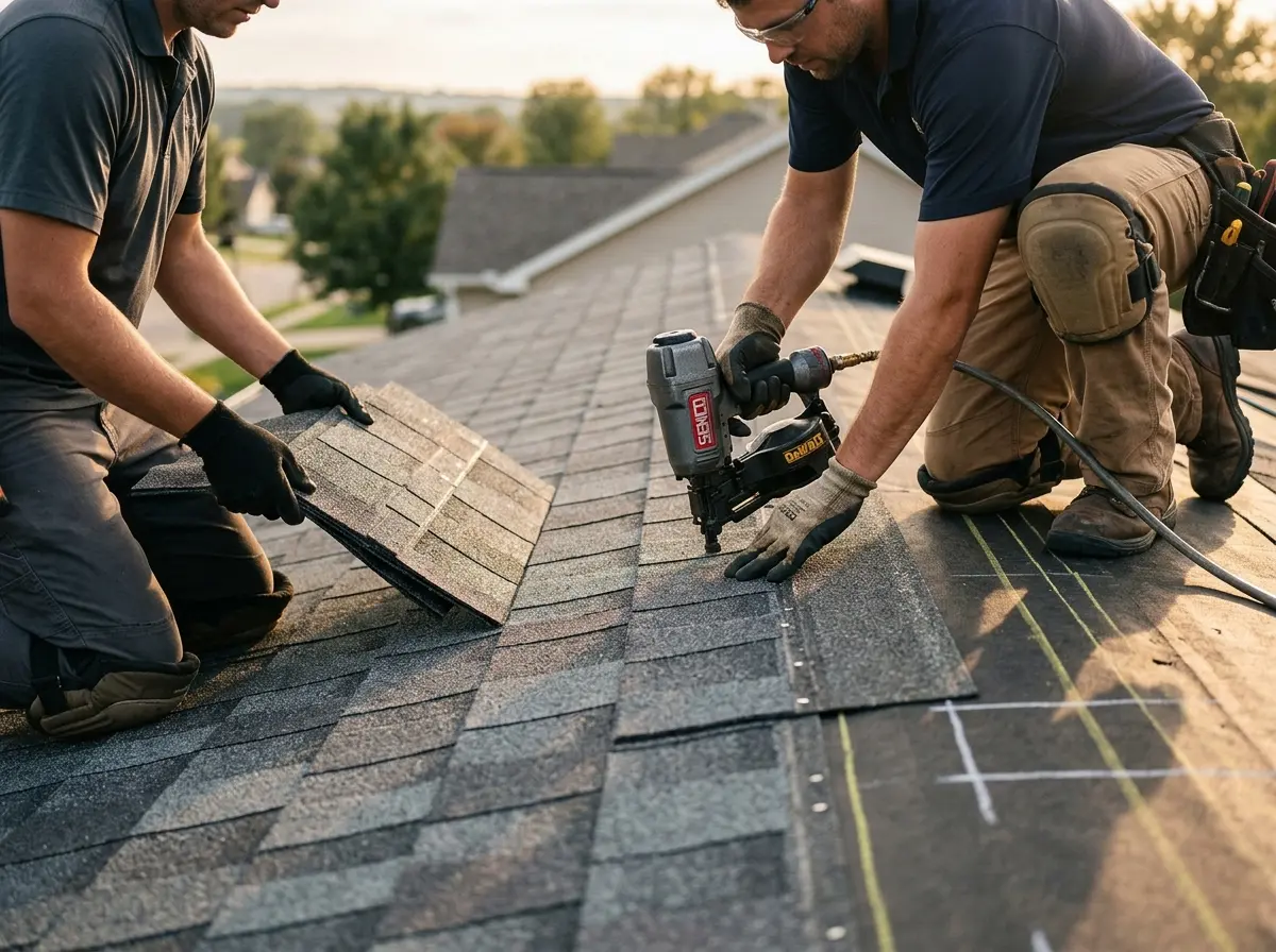 Professional roofer working on a residential roof in Upper Deerfield